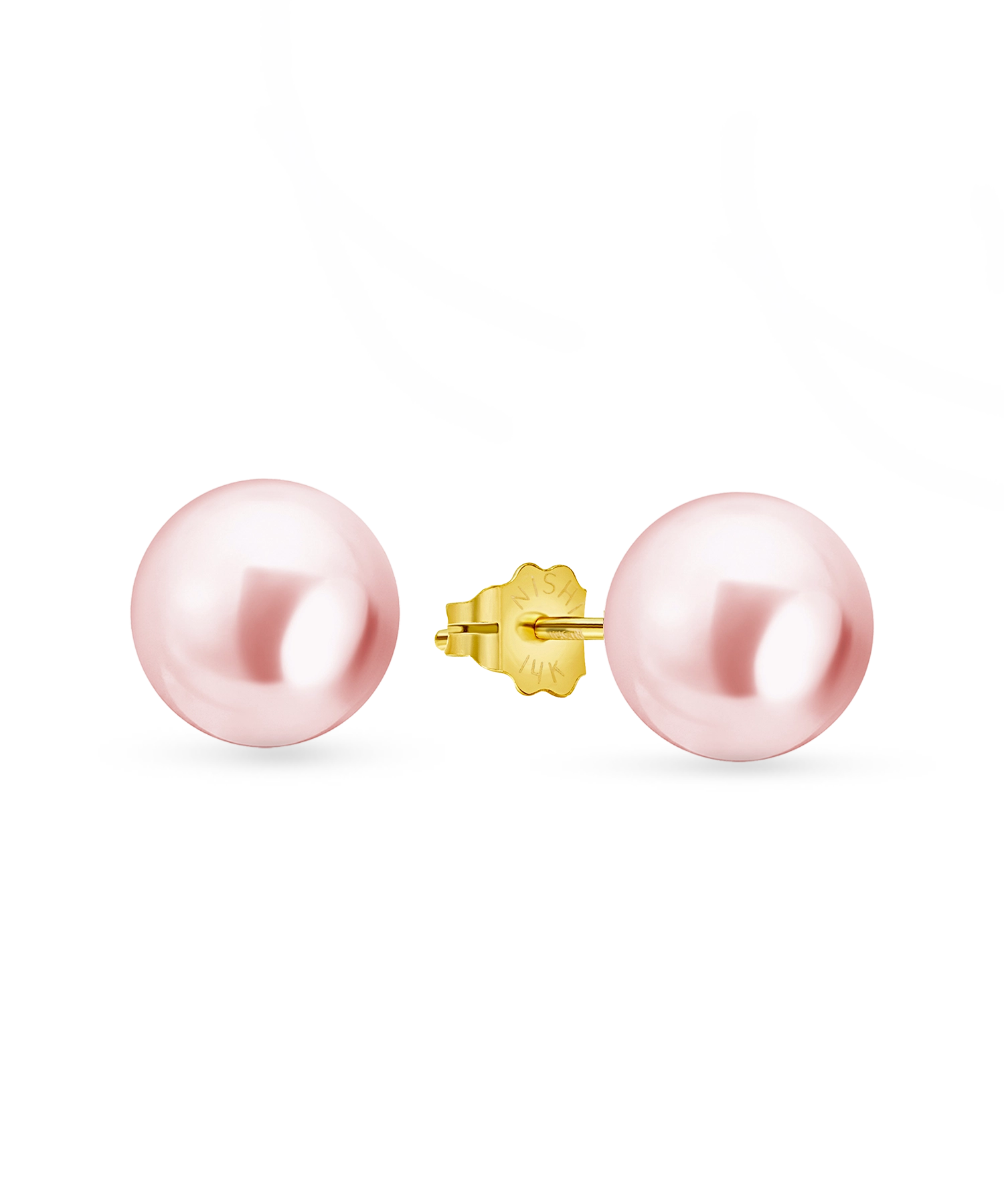 14kt Gold Maxi Studs - 8-9mm pink freshwater pearl earrings in 14kt yellow gold by Nishi Pearls, studio view, alternate angle