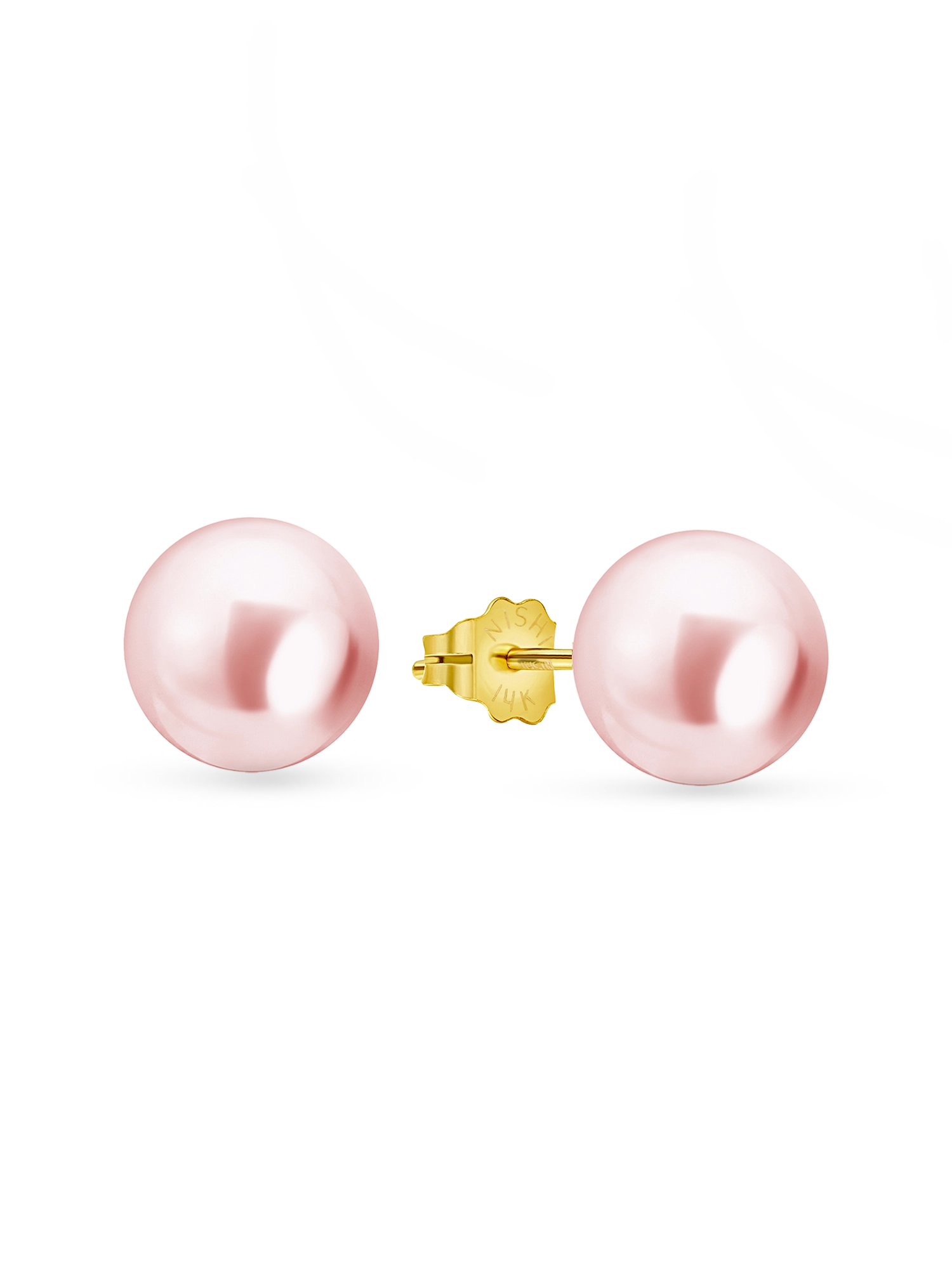 14kt Gold Maxi Studs - 8-9mm pink freshwater pearl earrings in 14kt yellow gold by Nishi Pearls, studio view, alternate angle