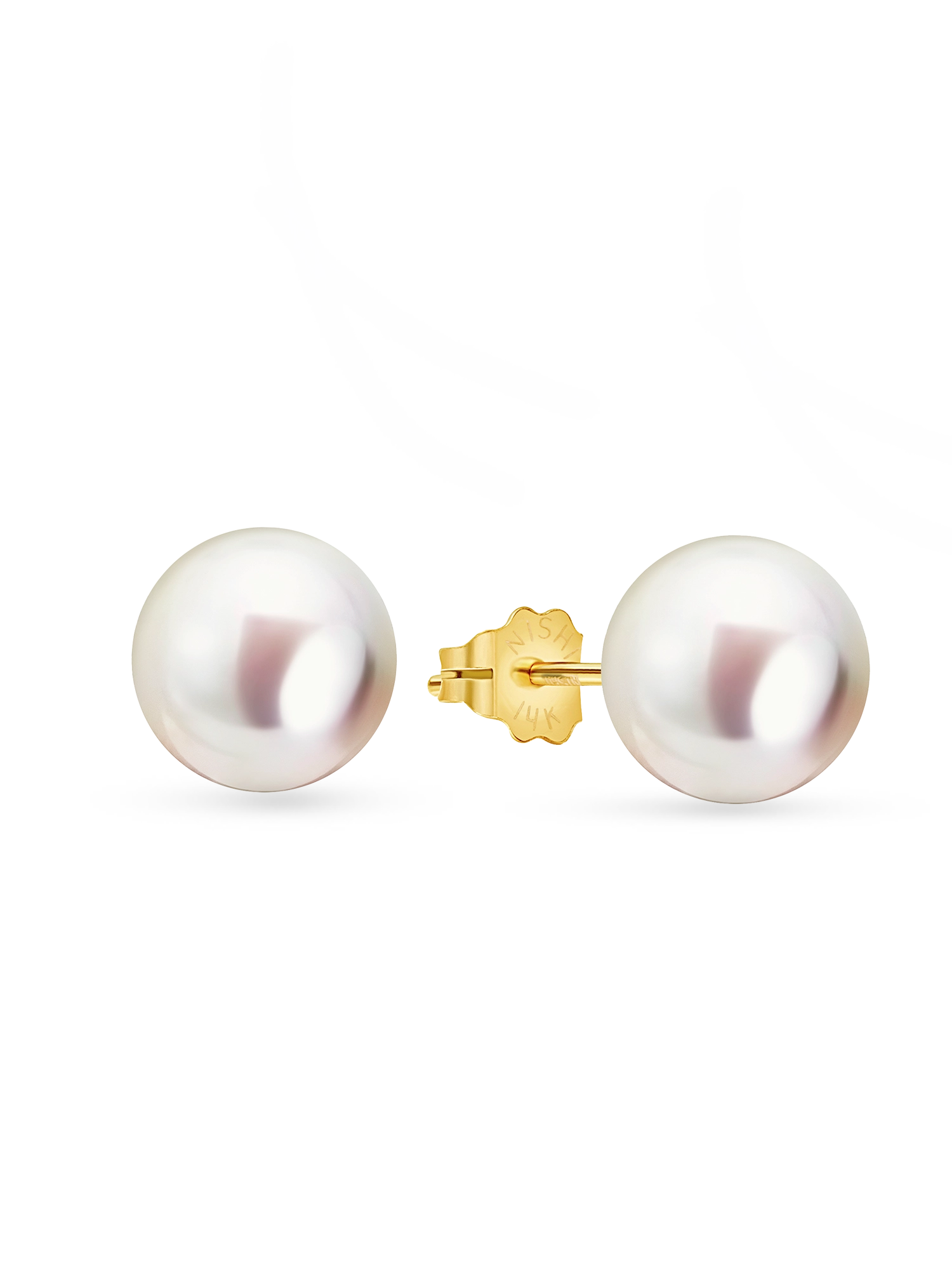 14kt Gold Maxi Studs - 8-9mm white round freshwater pearl earrings in 14kt yellow gold by Nishi Pearls, studio view
