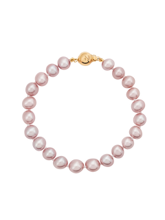 14kt Gold Midi Bracelet - 7-8mm pink freshwater pearl bracelet in 14kt yellow gold, 7.25in, by Nishi Pearls, studio view