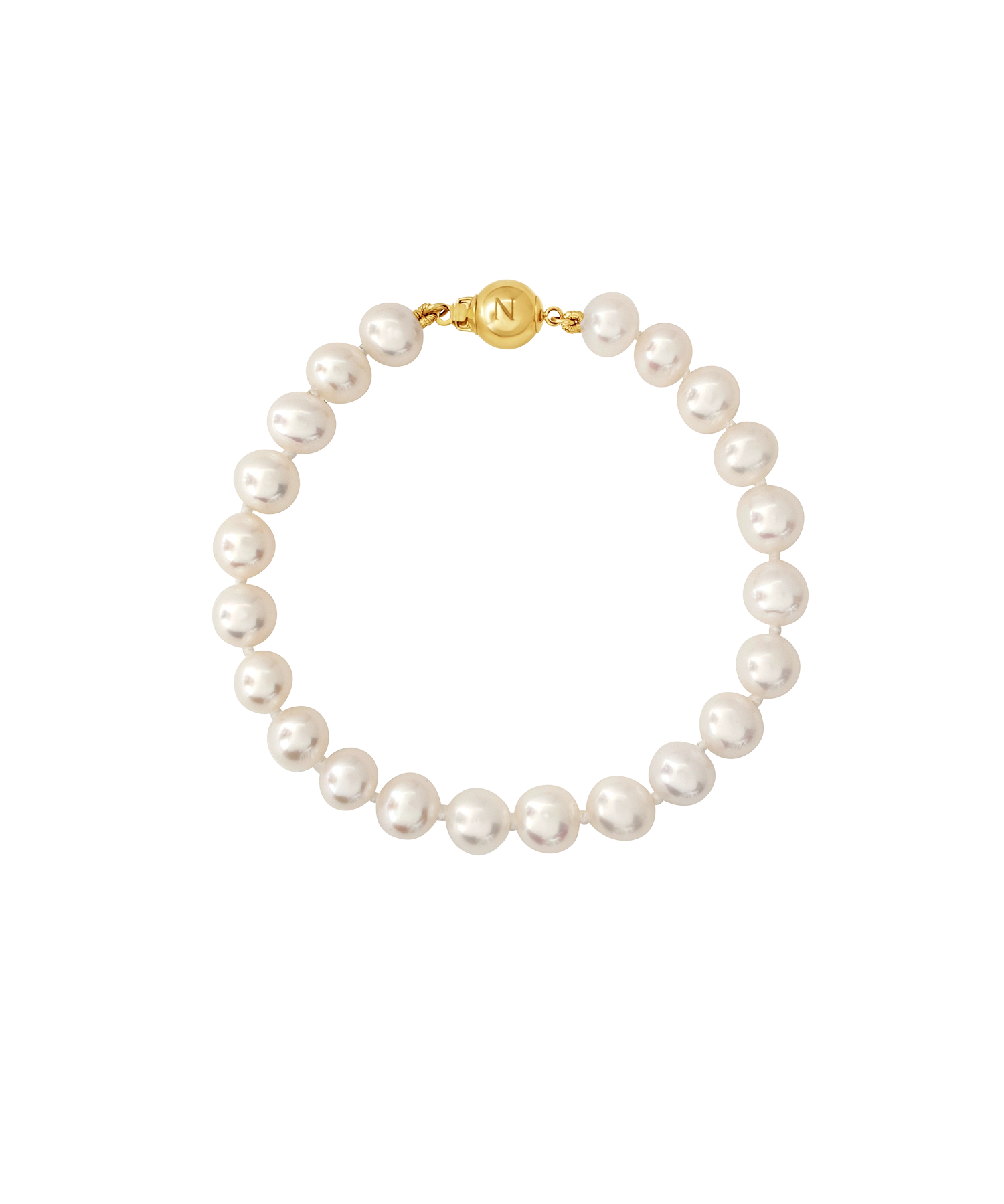 14kt Gold Midi Bracelet - 7-8mm white freshwater pearl bracelet in 14kt yellow gold, 7.25in, by Nishi Pearls, studio view