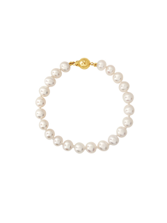 14kt Gold Midi Bracelet - 7-8mm white freshwater pearl bracelet in 14kt yellow gold, 7.25in, by Nishi Pearls, studio view