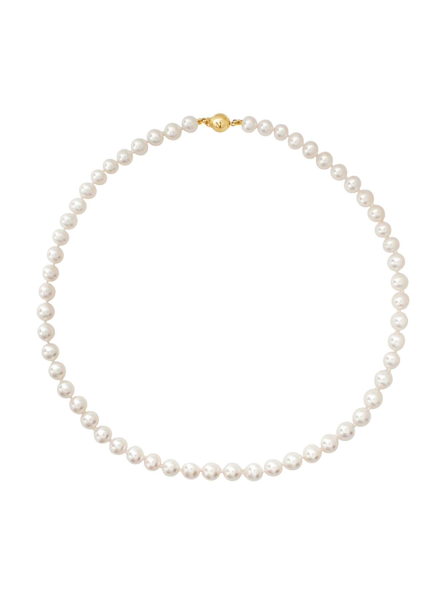14kt Gold Midi Necklace - 7-8mm white freshwater pearls in 14kt yellow gold, 18in, by Nishi Pearls, studio alternate angle