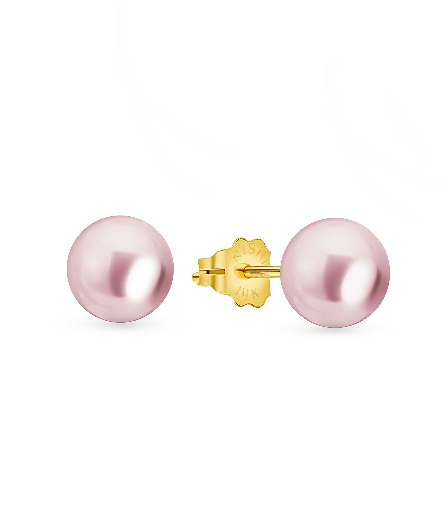 14kt Gold Midi Studs - 7-8mm pink freshwater pearl earrings in 14kt yellow gold by Nishi Pearls, studio view, alternate angle