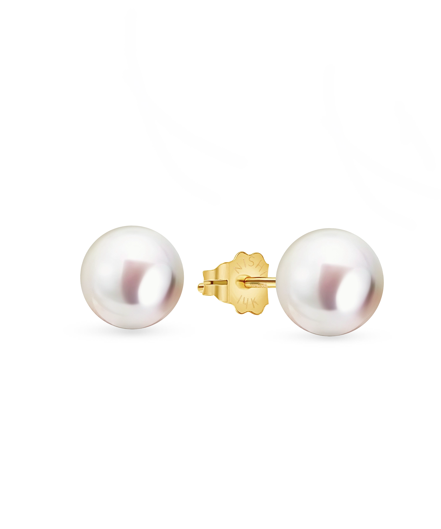 14kt Gold Midi Studs - 7-8mm white round freshwater pearl earrings in 14kt yellow gold by Nishi Pearls, studio view