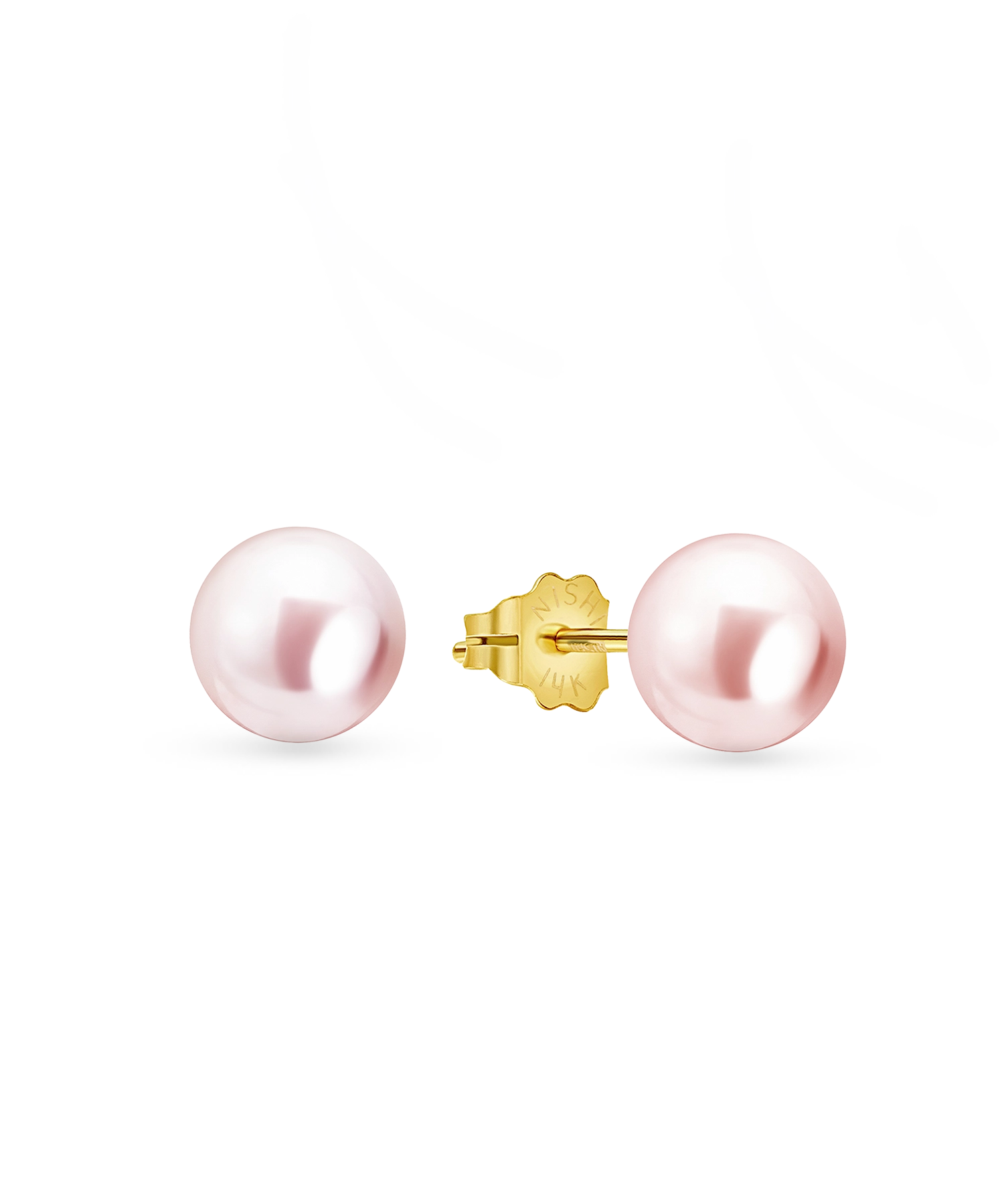 14kt Gold Mini Studs - 6-7mm pink freshwater pearl earrings in 14kt yellow gold by Nishi Pearls, studio view, alternate angle