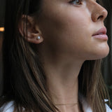 14kt Gold Mini Studs - 6-7mm white round freshwater pearl earrings in 14kt yellow gold by Nishi Pearls, worn on a model