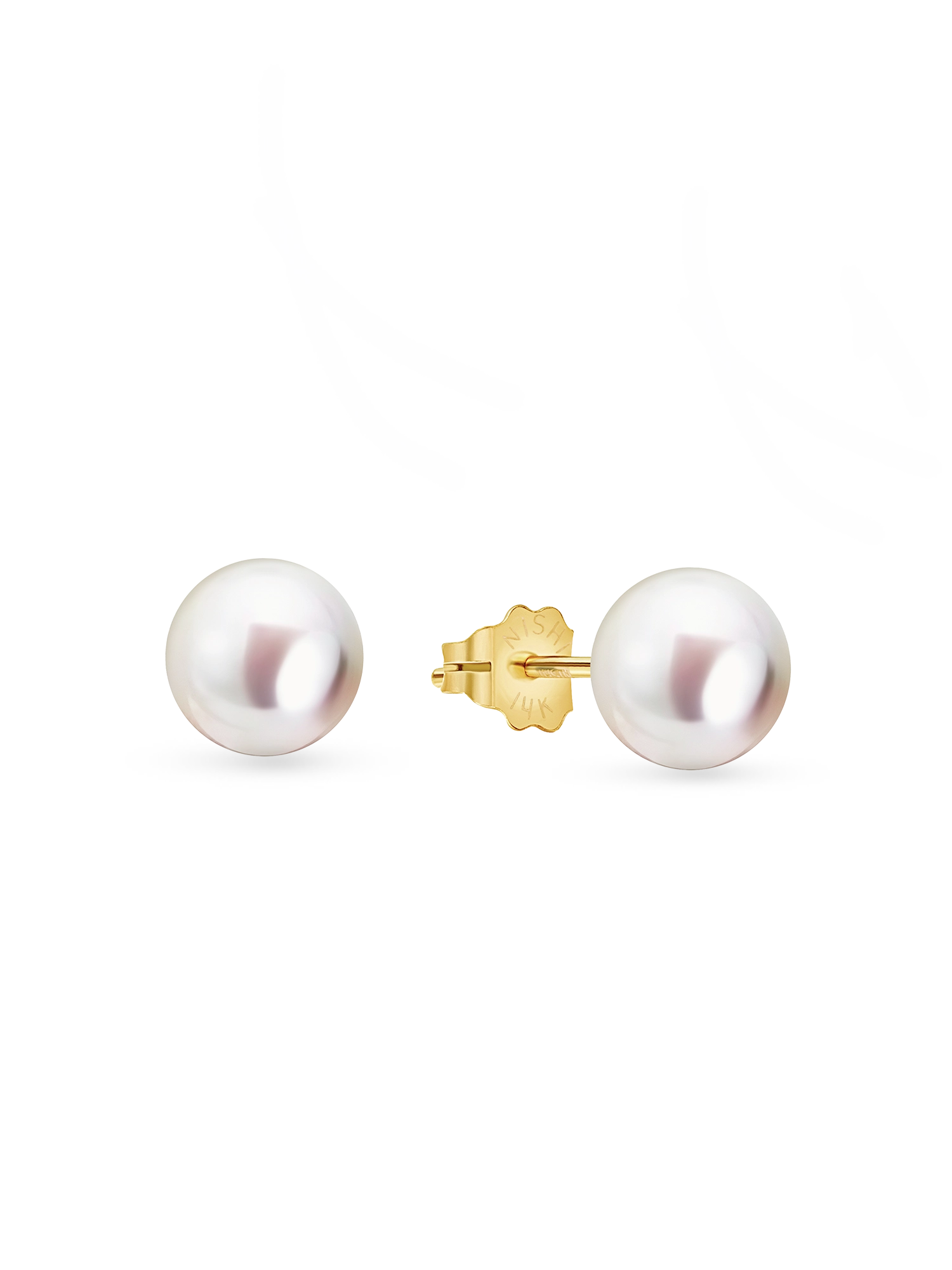 14kt Gold Mini Studs - 6-7mm white round freshwater pearl earrings in 14kt yellow gold by Nishi Pearls, studio view
