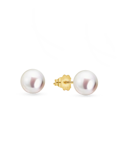 14kt Gold Mini Studs - 6-7mm white round freshwater pearl earrings in 14kt yellow gold by Nishi Pearls, studio view