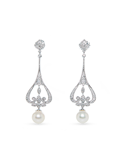 Adeline Earring - 6-7mm white freshwater pearl earrings in sterling silver with white sapphire by Nishi Pearls, studio view