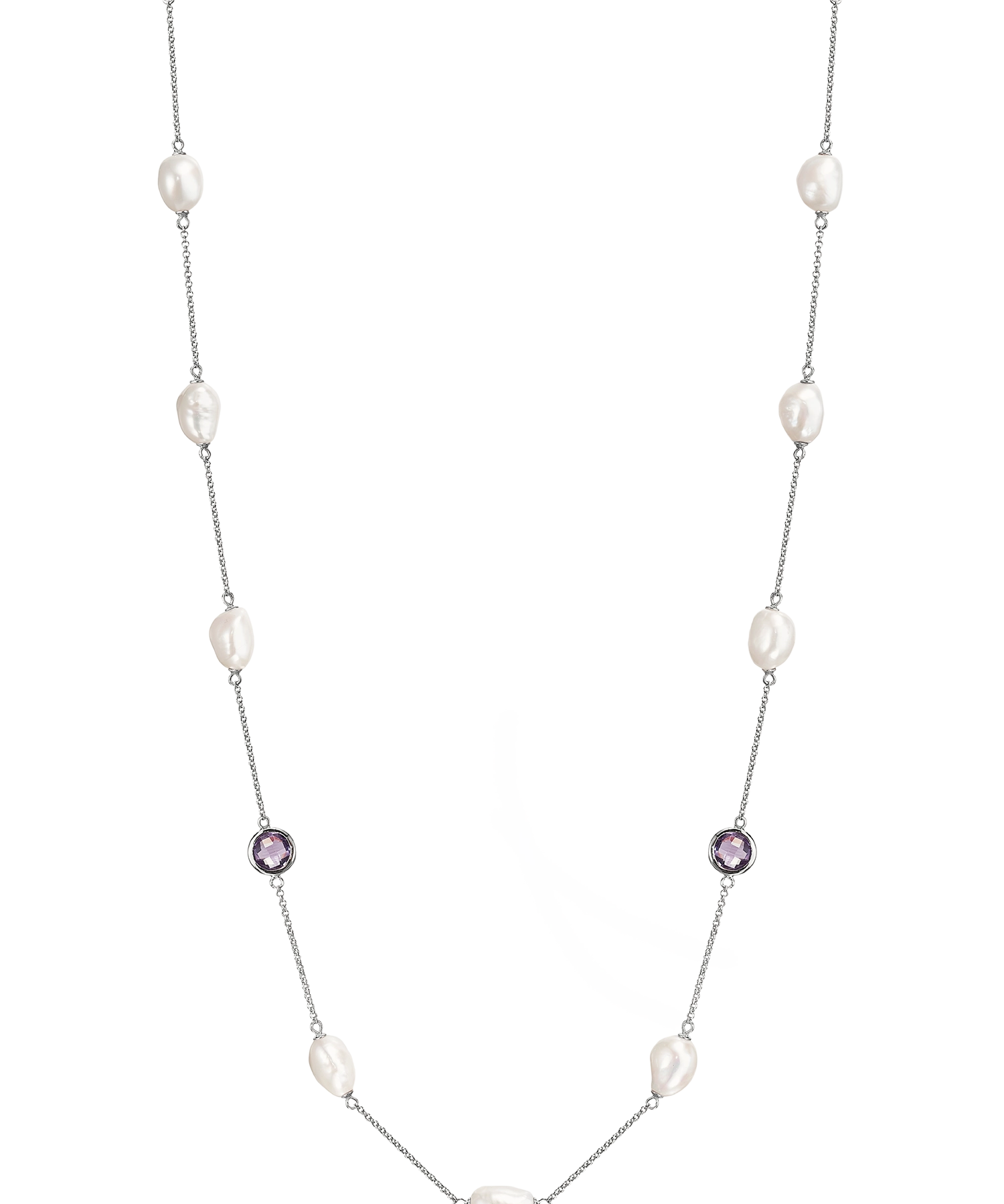 Amaris Necklace - 9-10mm white baroque freshwater pearl necklace in sterling silver with amethyst, 36in by Nishi Pearls