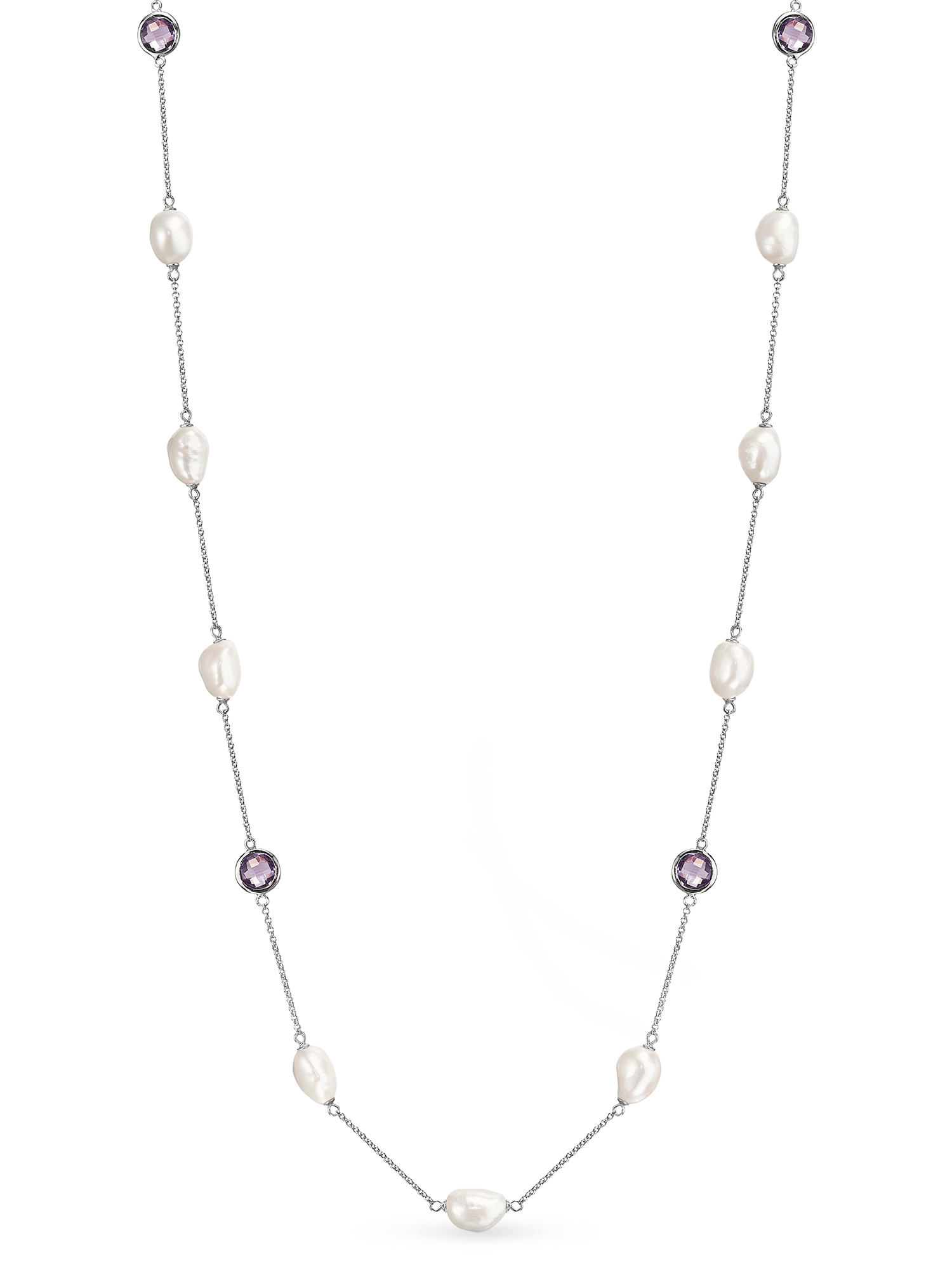 Amaris Necklace - 9-10mm white baroque freshwater pearl necklace in sterling silver with amethyst, 36in by Nishi Pearls