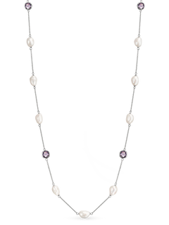Amaris Necklace - 9-10mm white baroque freshwater pearl necklace in sterling silver with amethyst, 36in by Nishi Pearls