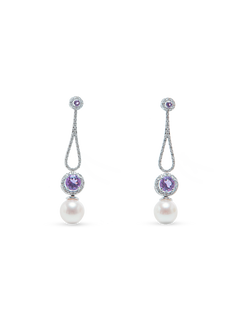Amethyst Earring - 8-9mm white round freshwater pearl earrings in sterling silver by Nishi Pearls