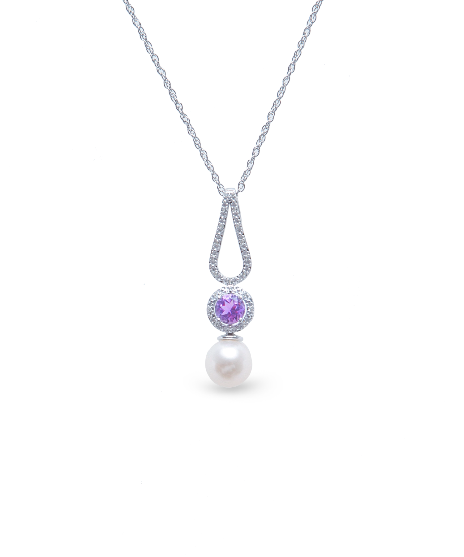 Amethyst Necklace - 8-9mm white freshwater pearl necklace in sterling silver, adjustable 16.5-18 inch length by Nishi Pearls