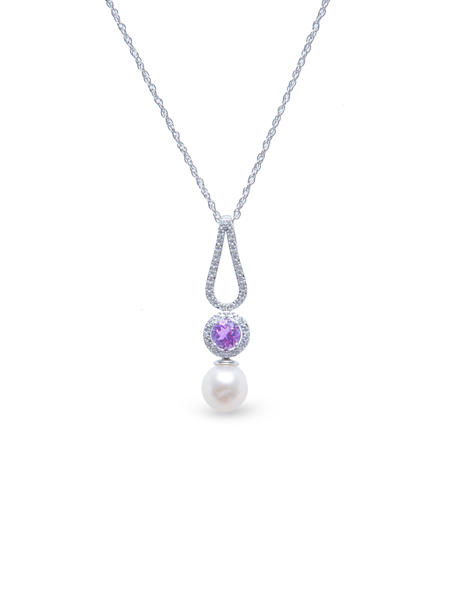 Amethyst Necklace - 8-9mm white freshwater pearl necklace in sterling silver, adjustable 16.5-18 inch length by Nishi Pearls