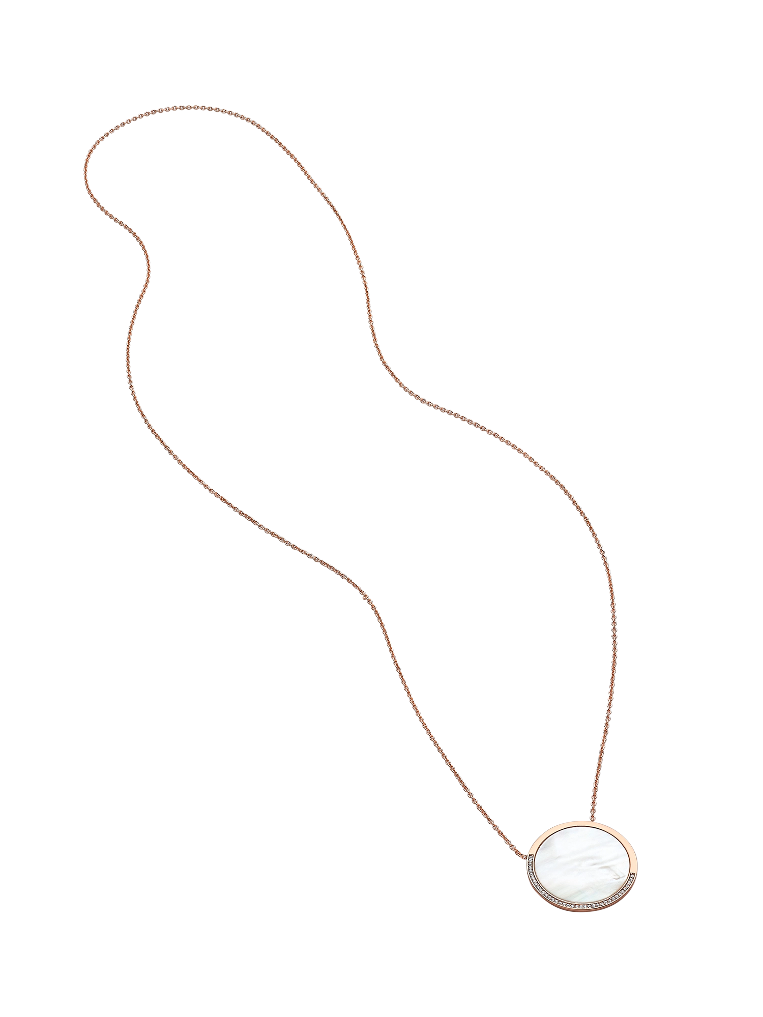 Amulet Necklace - white mother-of-pearl, rose gold vermeil, cubic zirconia, 18in by Nishi Pearls, studio alternate angle