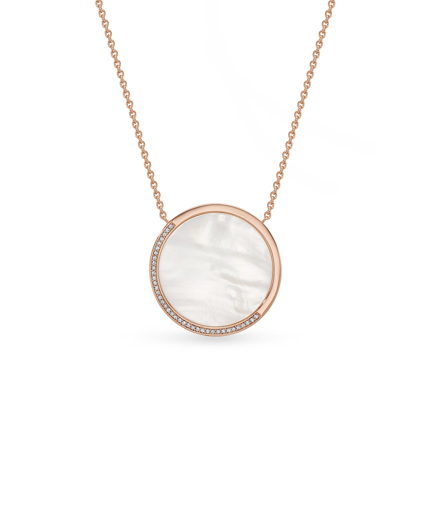 Amulet Necklace - white mother-of-pearl necklace in rose gold vermeil with cubic zirconia, 18in by Nishi Pearls, studio view