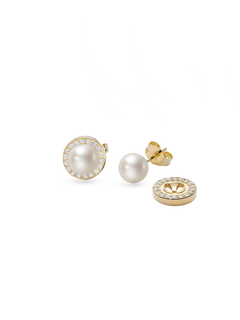 Ange Earring - 6-7mm white button freshwater pearl earrings in yellow gold plated silver by Nishi Pearls, studio view