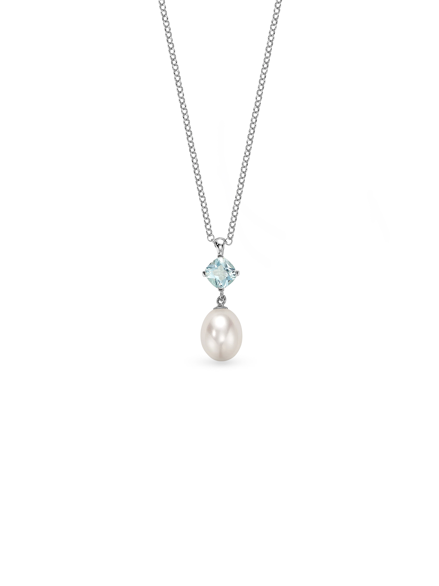 Aqua Necklace - 9-10mm white oblong freshwater pearls in sterling silver, adjustable 16.5-18in by Nishi Pearls, studio view