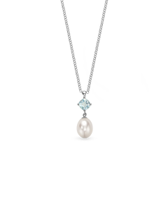 Aqua Necklace - 9-10mm white oblong freshwater pearls in sterling silver, adjustable 16.5-18in by Nishi Pearls, studio view