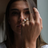 Asymmetrical Opened Ring - mixed-size white freshwater pearl ring in yellow gold vermeil by Nishi Pearls, styled on model