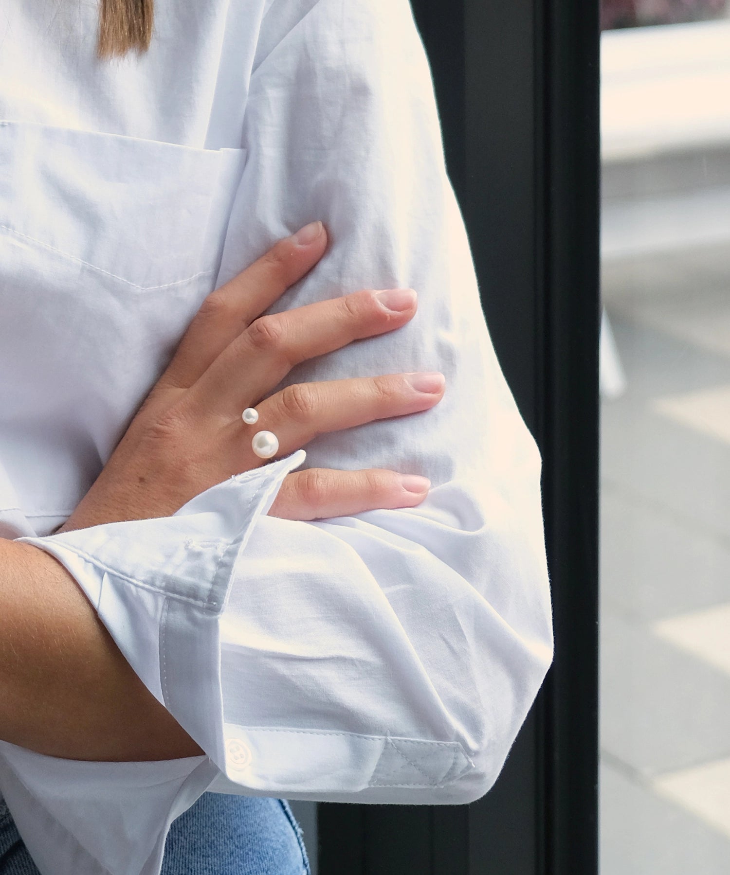 Asymmetrical Opened Ring - mixed-size white freshwater pearl ring in yellow gold vermeil by Nishi Pearls, worn on a model