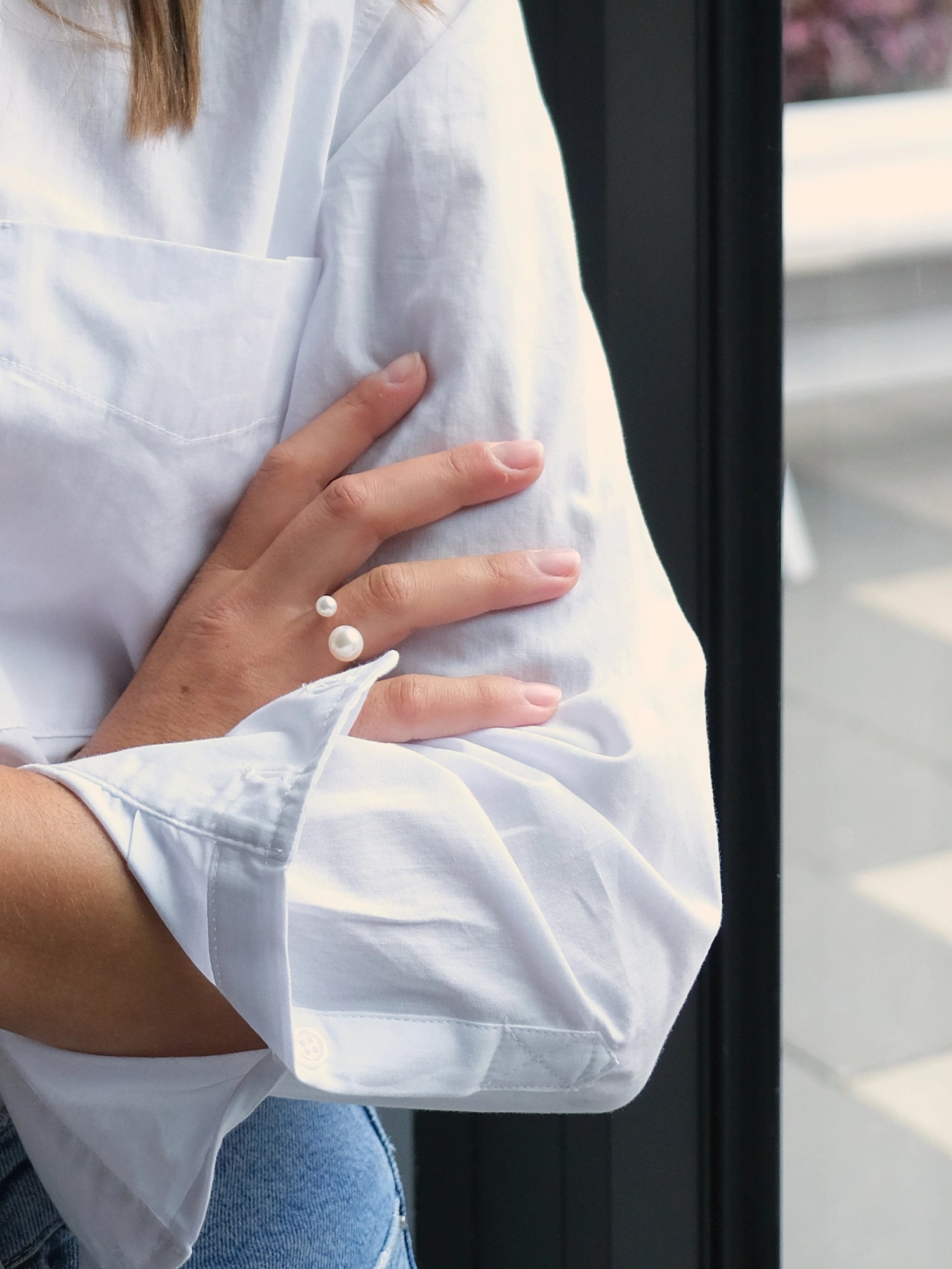 Asymmetrical Opened Ring - mixed-size white freshwater pearl ring in yellow gold vermeil by Nishi Pearls, worn on a model