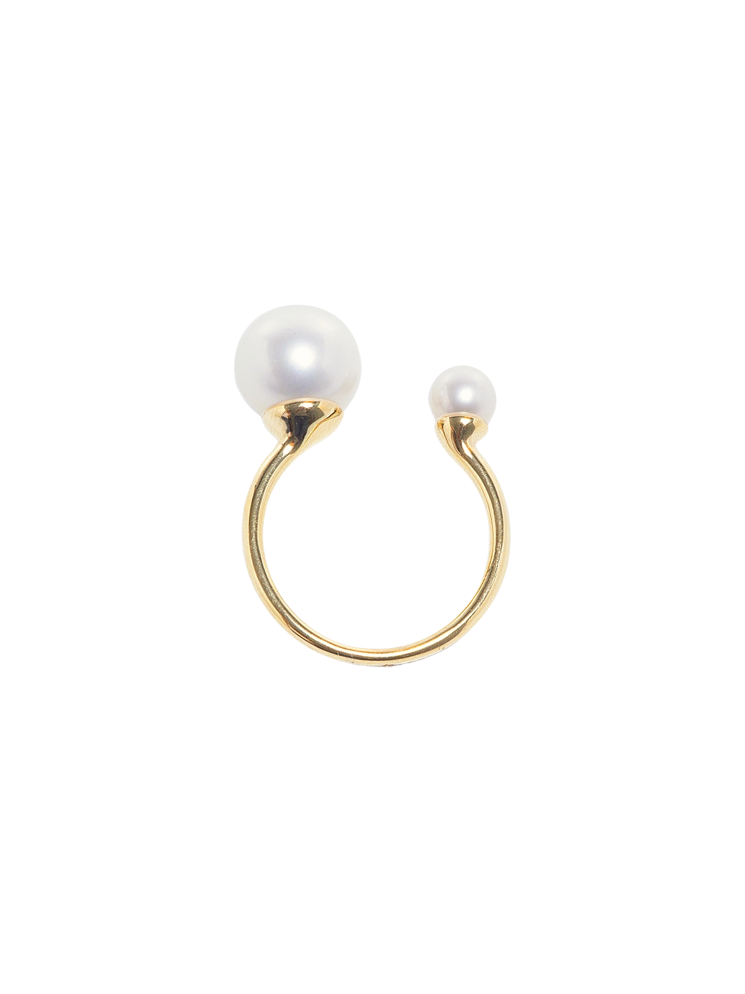 Asymmetrical Opened Ring - mixed-size white round freshwater pearl ring in yellow gold vermeil by Nishi Pearls, studio view