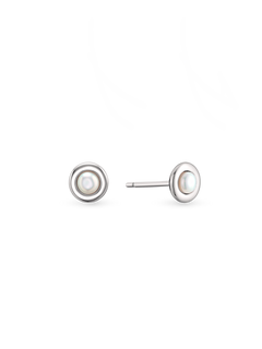 Atlas Studs - 3-4mm white button freshwater pearl earrings in sterling silver by Nishi Pearls, studio view