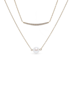Bar Duo Necklace - 8-9mm white freshwater pearls in gold vermeil with topaz, layered 16/18in by Nishi Pearls, studio view