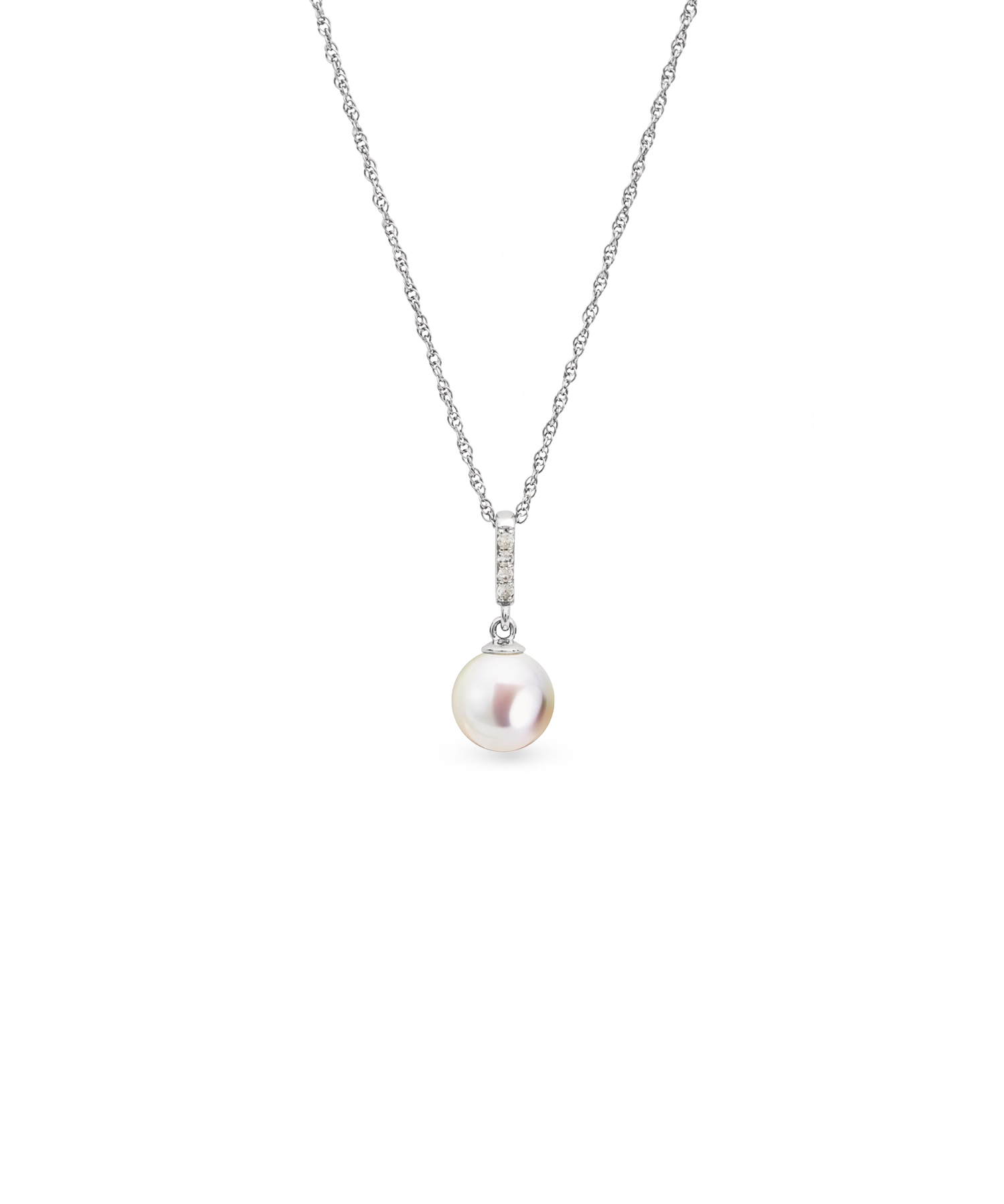 Bar Pearl Necklace - 7-8mm white freshwater pearls in sterling silver with white topaz, 18in by Nishi Pearls, studio view
