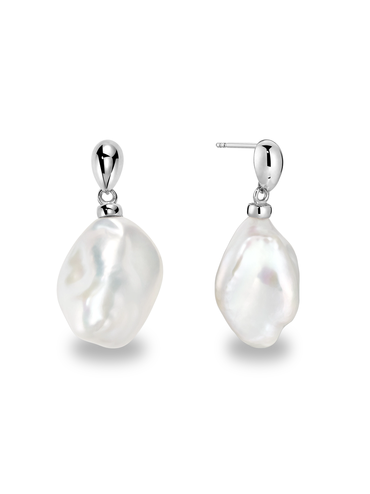 Baroque Earring - 14-16mm white baroque freshwater pearl earrings in sterling silver by Nishi Pearls, studio view
