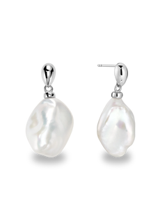 Baroque Earring - 14-16mm white baroque freshwater pearl earrings in sterling silver by Nishi Pearls, studio view
