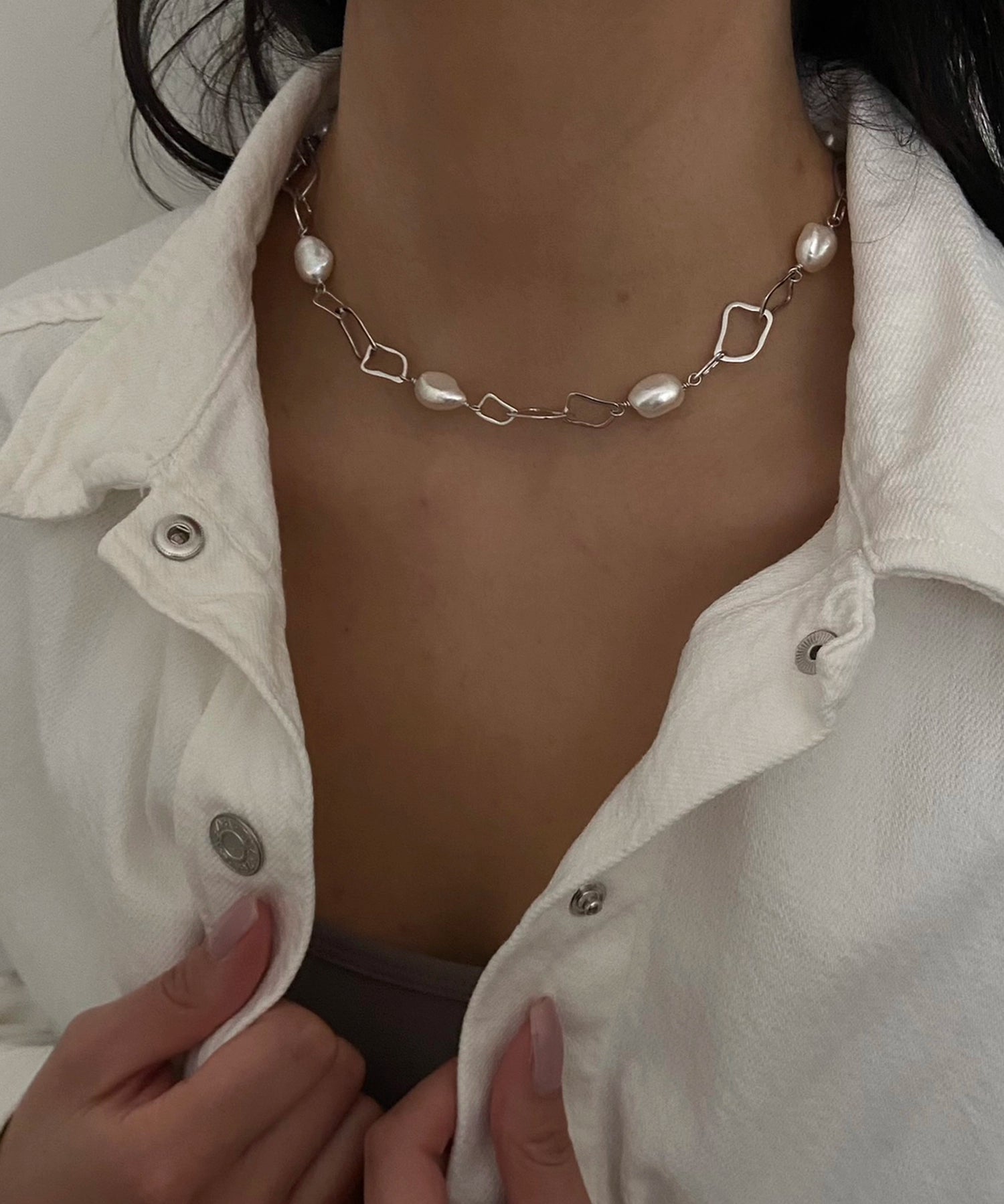 Baroque Link Necklace - 10-11mm white baroque freshwater pearls in sterling silver, 18in by Nishi Pearls, worn on a model