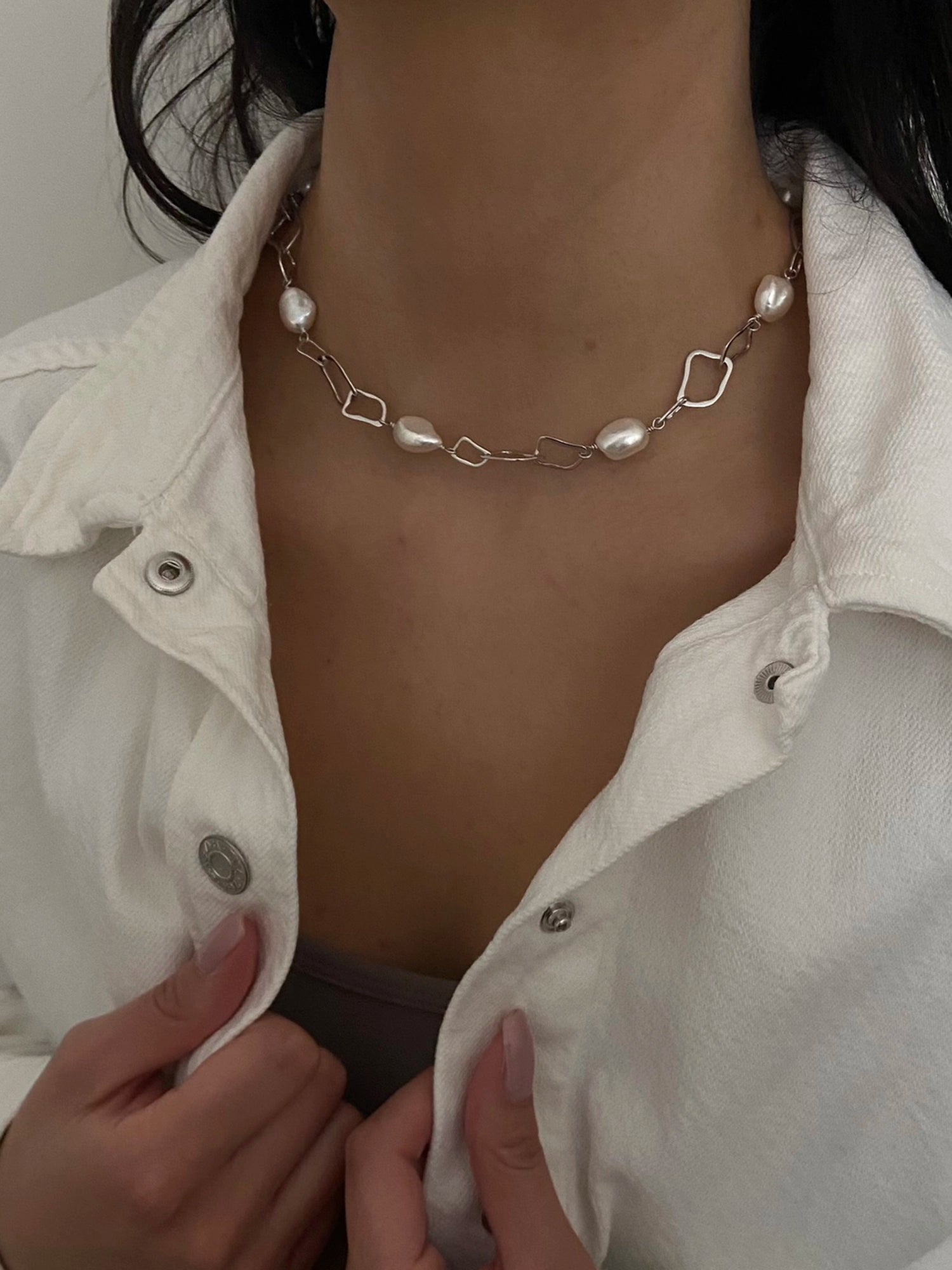 Baroque Link Necklace - 10-11mm white baroque freshwater pearls in sterling silver, 18in by Nishi Pearls, worn on a model