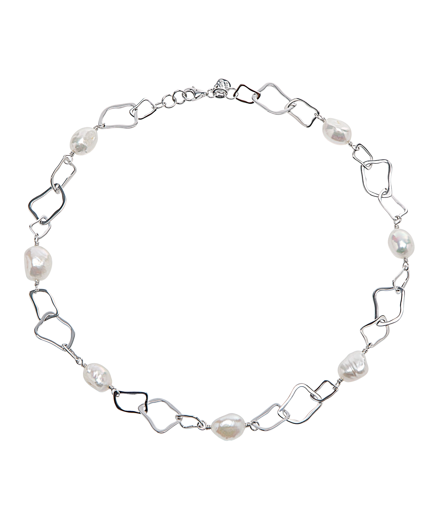 Baroque Link Necklace - 10-11mm white baroque freshwater pearls in sterling silver, 18in by Nishi Pearls, studio view
