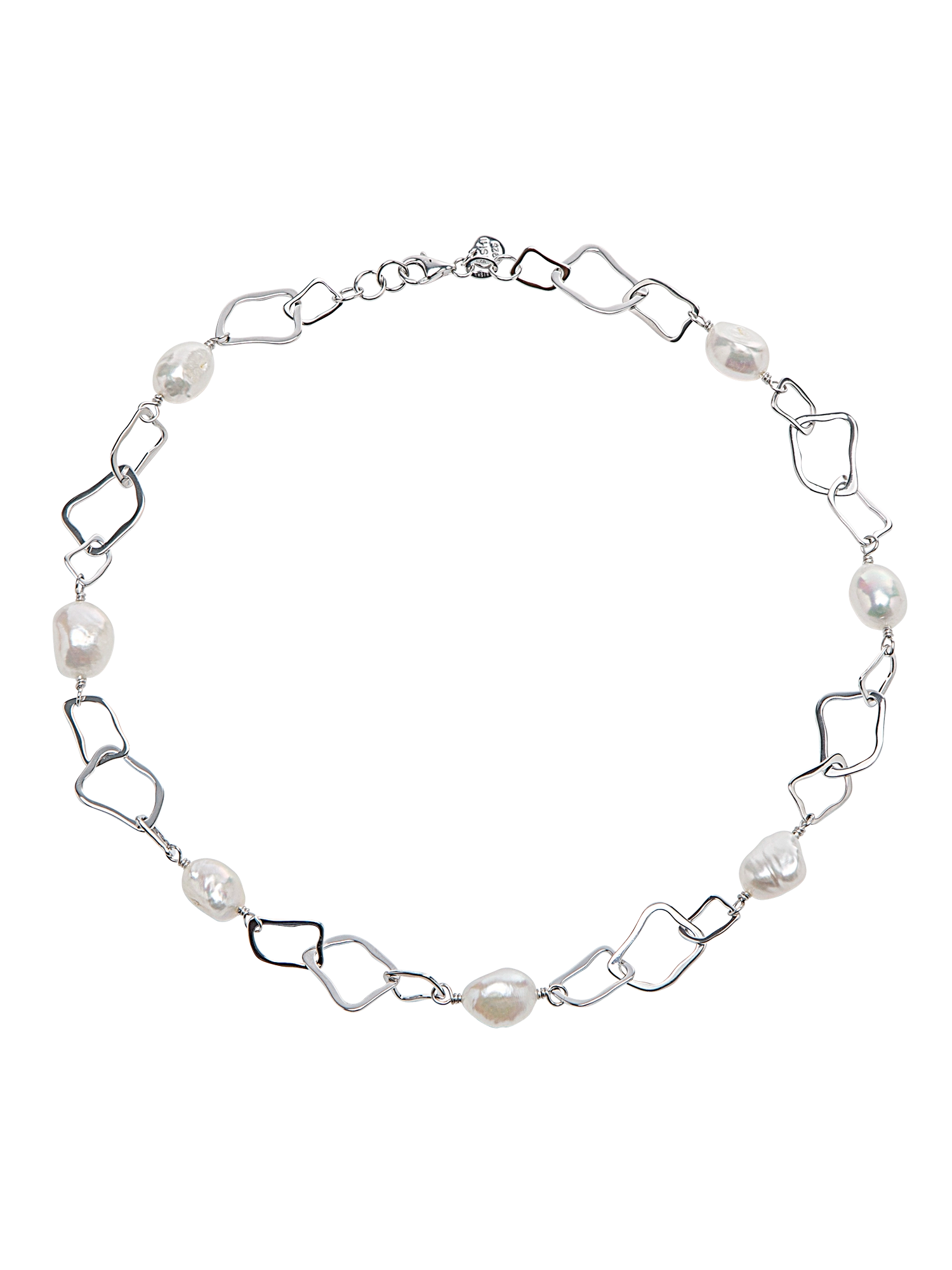 Baroque Link Necklace - 10-11mm white baroque freshwater pearls in sterling silver, 18in by Nishi Pearls, studio view