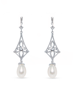 Beaded Drop Earring - 7-8mm white freshwater pearls in sterling silver with created sapphire by Nishi Pearls, studio view