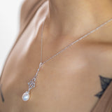 Beaded Drop Necklace - 8-9mm white freshwater pearls in sterling silver, 16.5-18in by Nishi Pearls, studio alternate angle