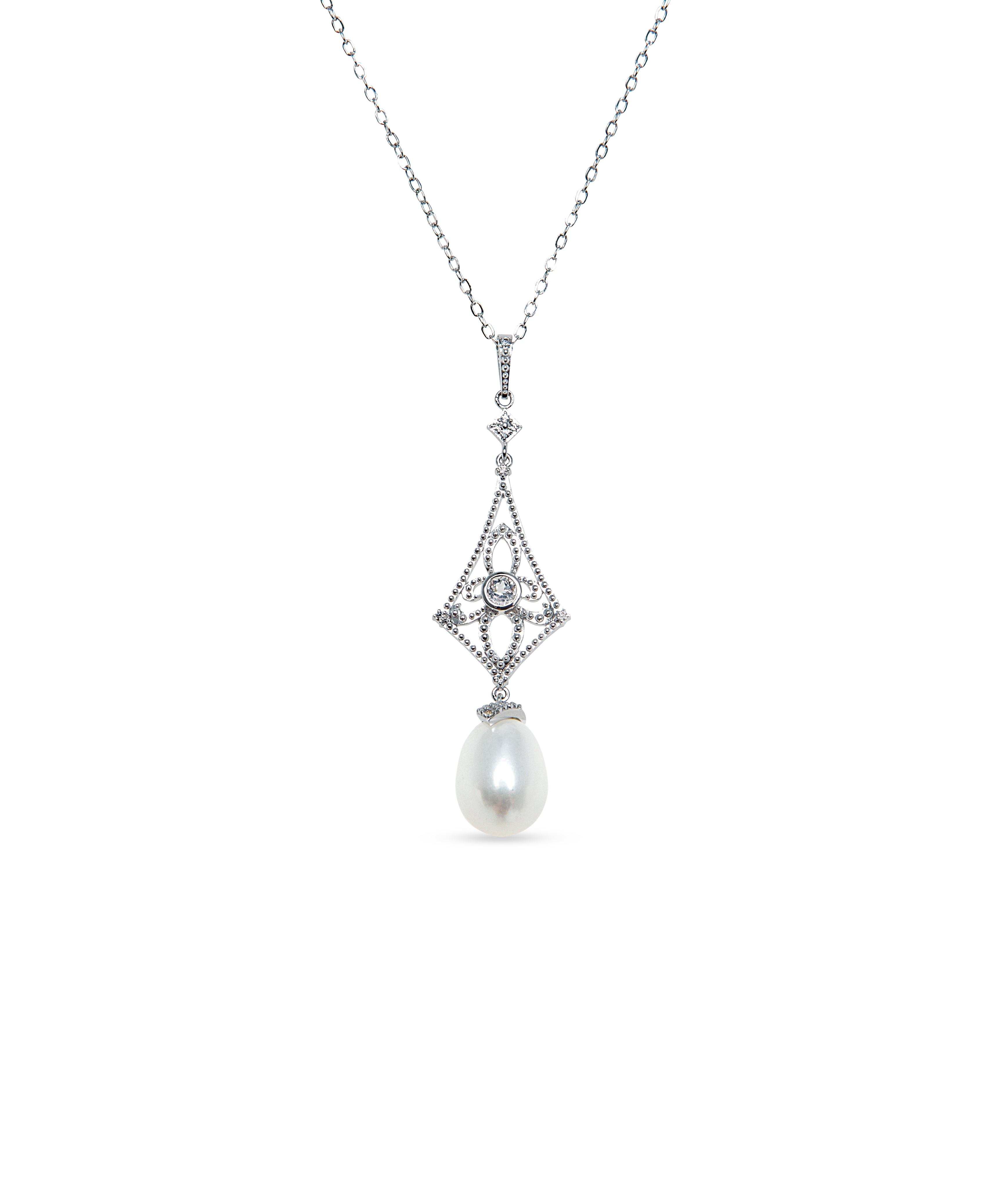 Beaded Drop Necklace - 8-9mm white freshwater pearls in sterling silver, 16.5-18in by Nishi Pearls, studio view
