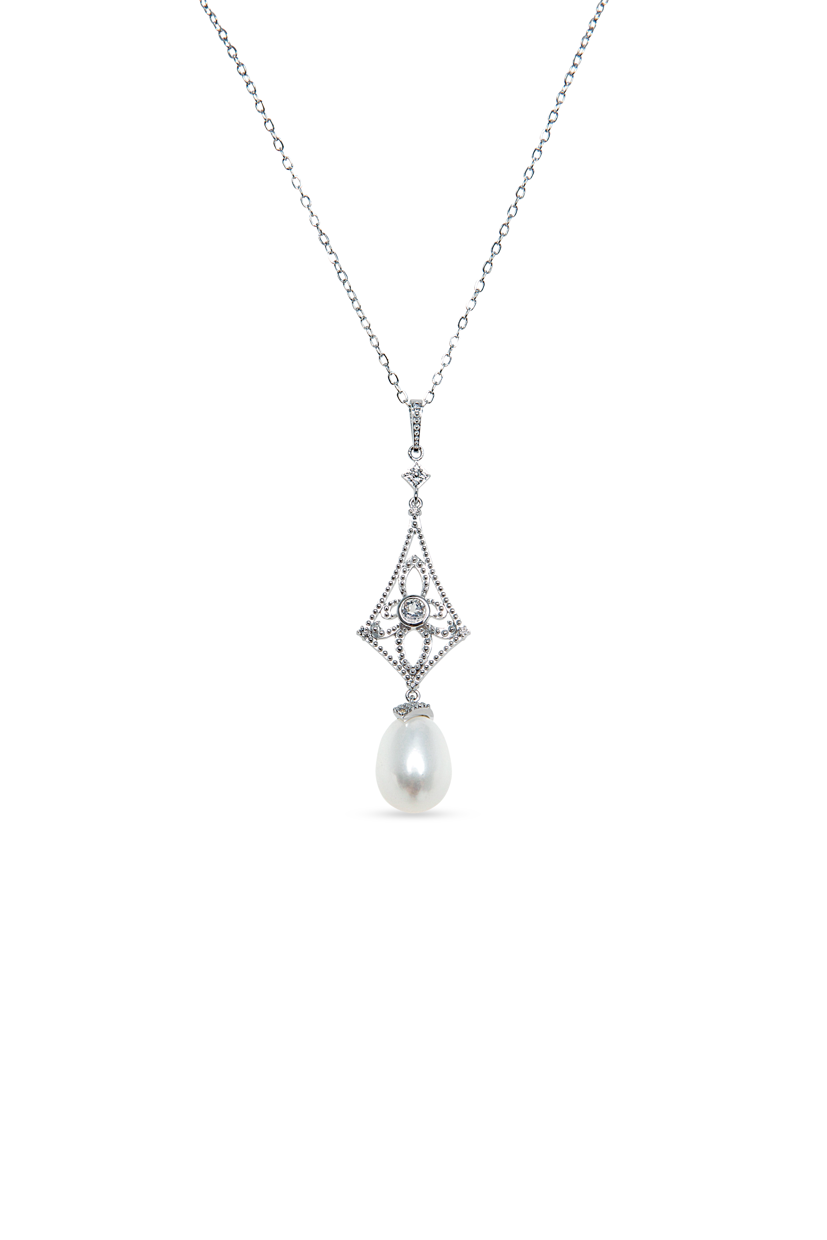 Beaded Drop Necklace - 8-9mm white freshwater pearls in sterling silver, 16.5-18in by Nishi Pearls, studio view
