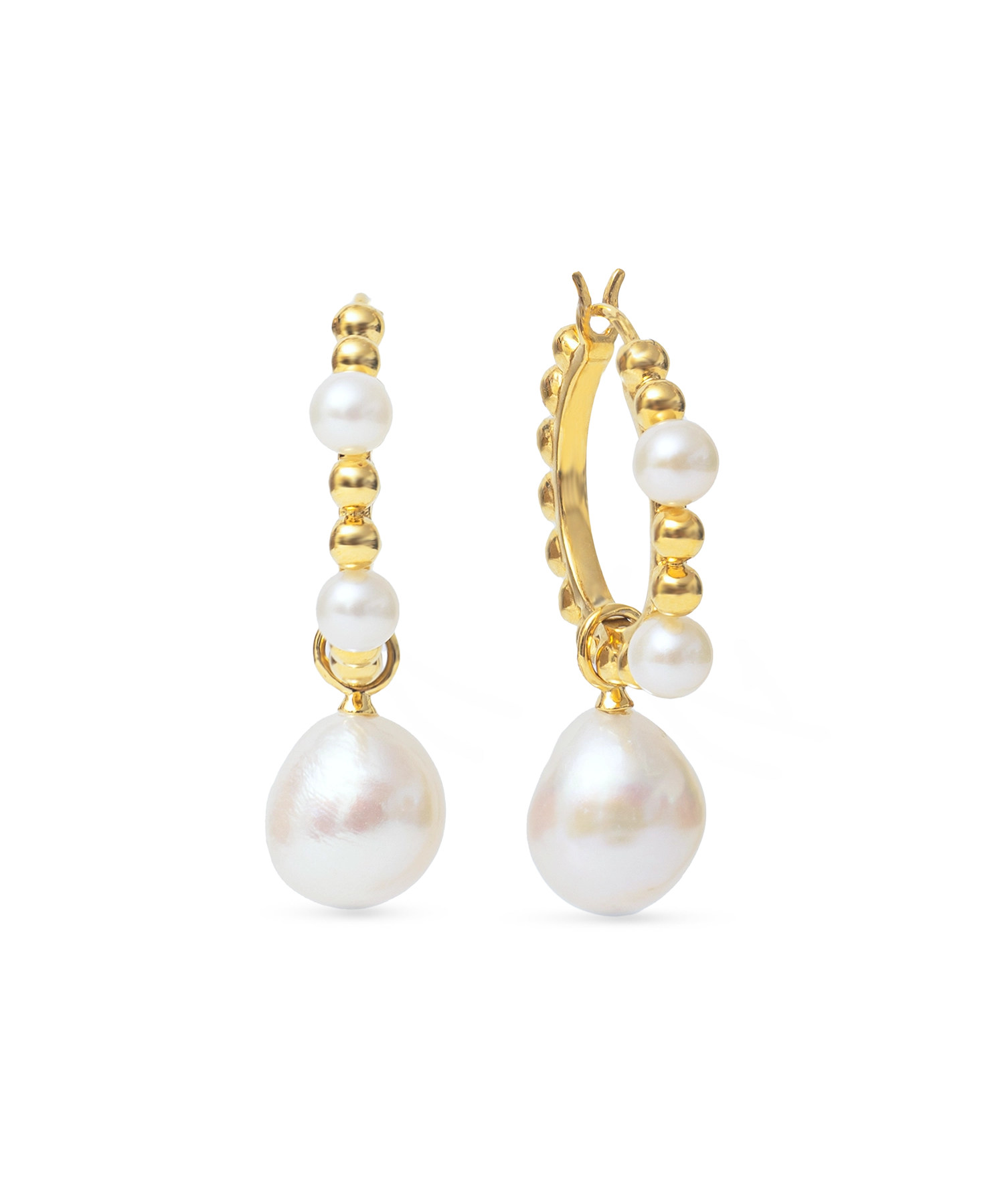 Beatrice Hoops - mixed-size white baroque freshwater pearl earrings in yellow gold vermeil by Nishi Pearls, studio view
