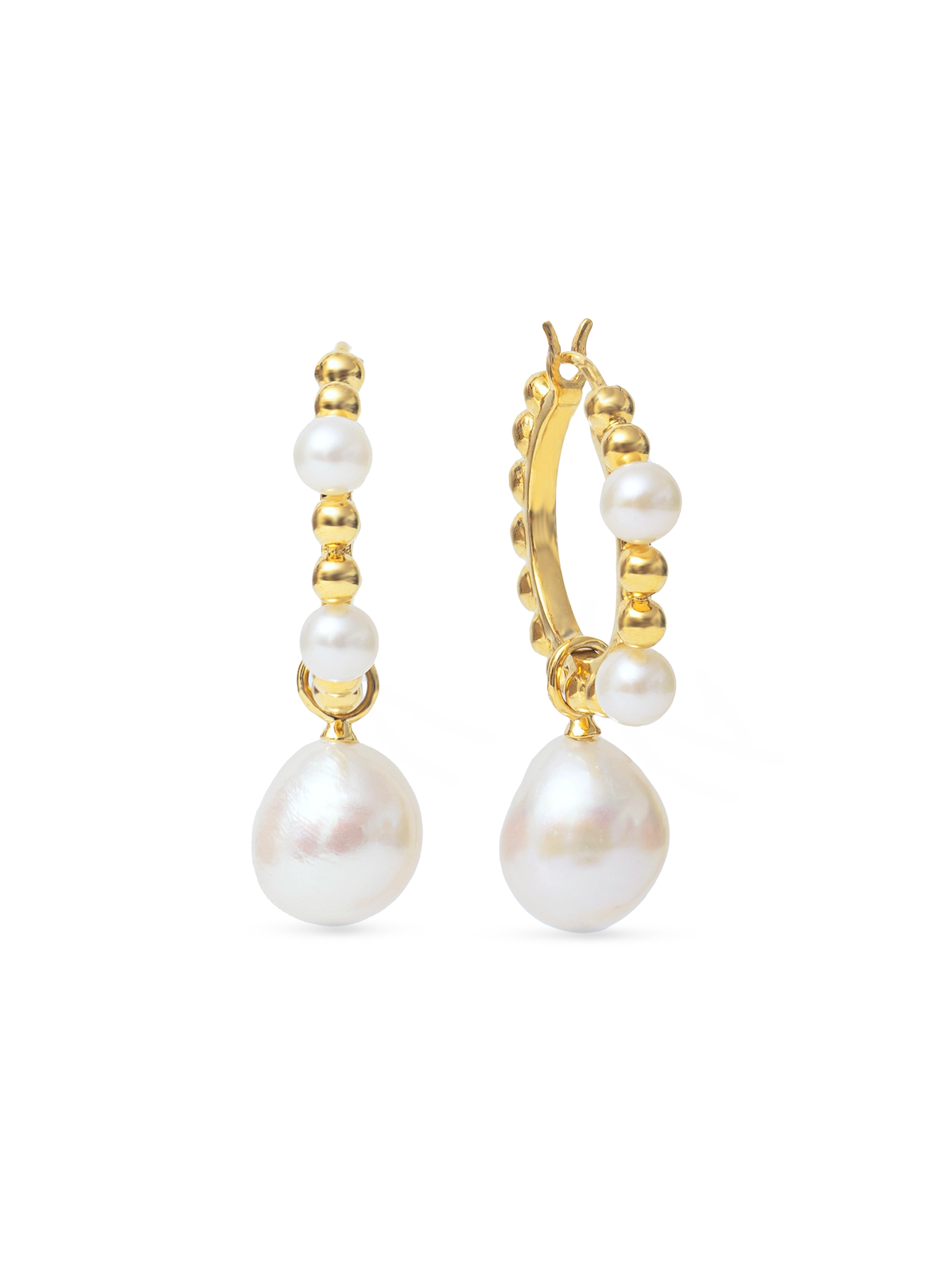 Beatrice Hoops - mixed-size white baroque freshwater pearl earrings in yellow gold vermeil by Nishi Pearls, studio view