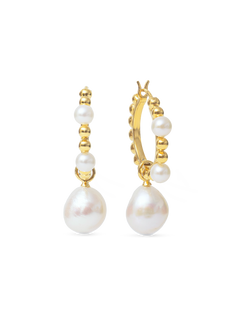 Beatrice Hoops - mixed-size white baroque freshwater pearl earrings in yellow gold vermeil by Nishi Pearls, studio view