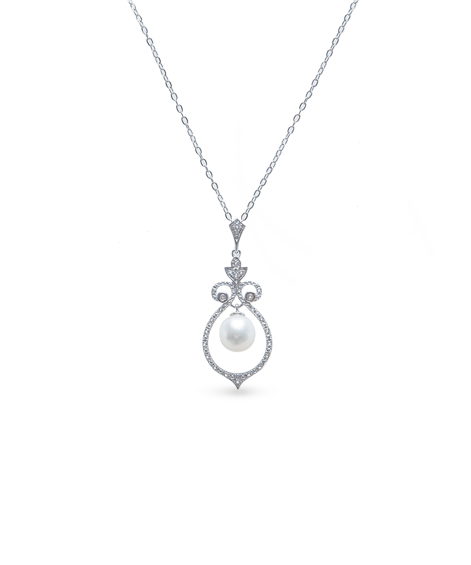 Bell Necklace - 8-9mm white freshwater pearls in sterling silver with topaz, 16.5-18in by Nishi Pearls, studio view