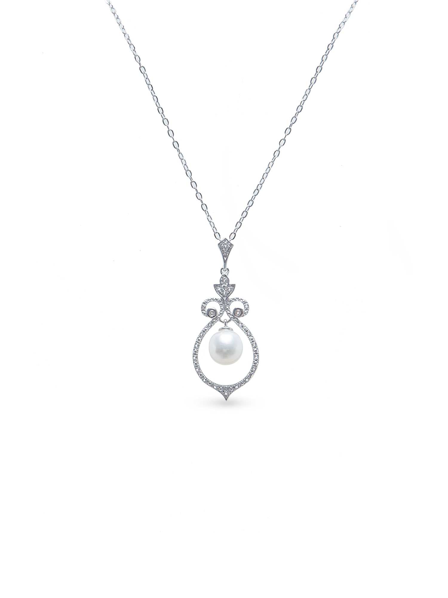 Bell Necklace - 8-9mm white freshwater pearls in sterling silver with topaz, 16.5-18in by Nishi Pearls, studio view