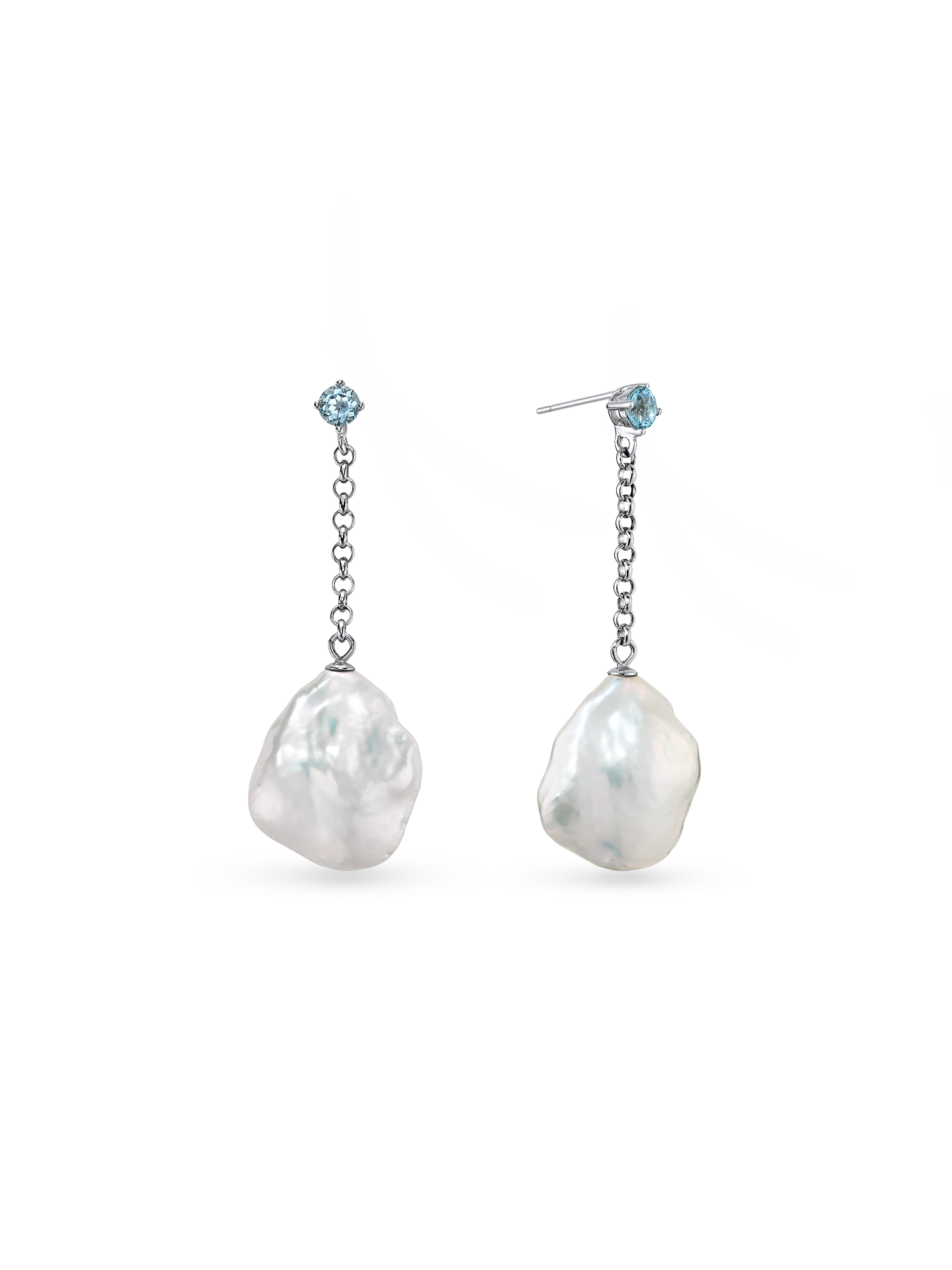 Bliss Earring - mixed-size white baroque freshwater pearl earrings in sterling silver by Nishi Pearls, studio view