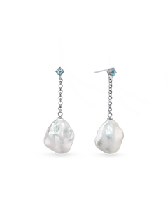 Bliss Earring - mixed-size white baroque freshwater pearl earrings in sterling silver by Nishi Pearls, studio view