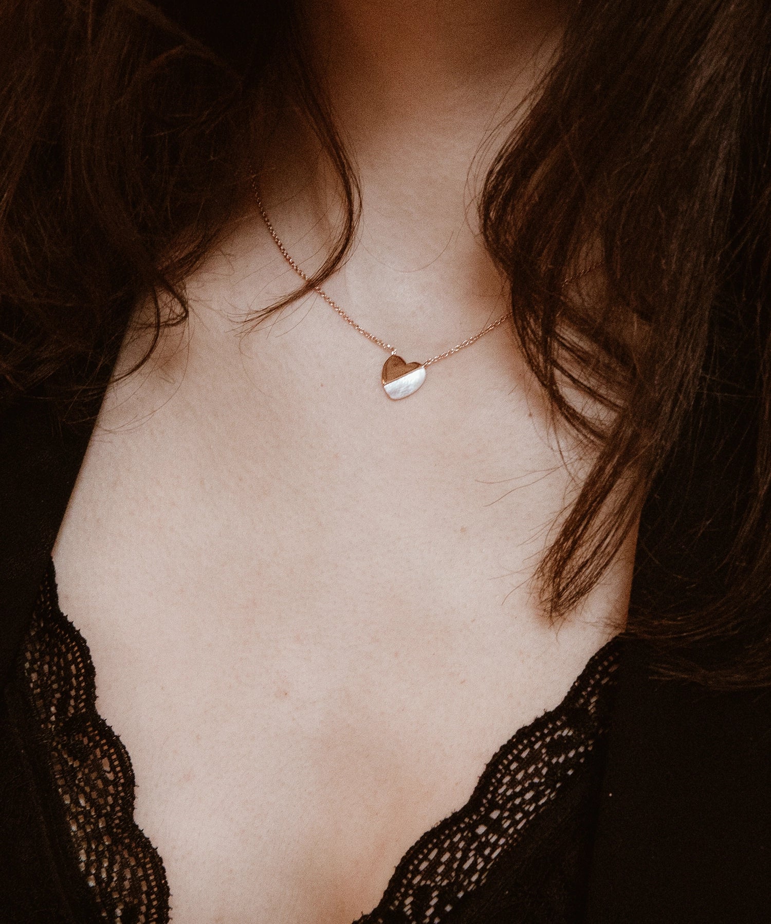 Blushed Heart Necklace - white mother-of-pearl necklace in rose gold vermeil, 16.5-18in by Nishi Pearls, worn on a model